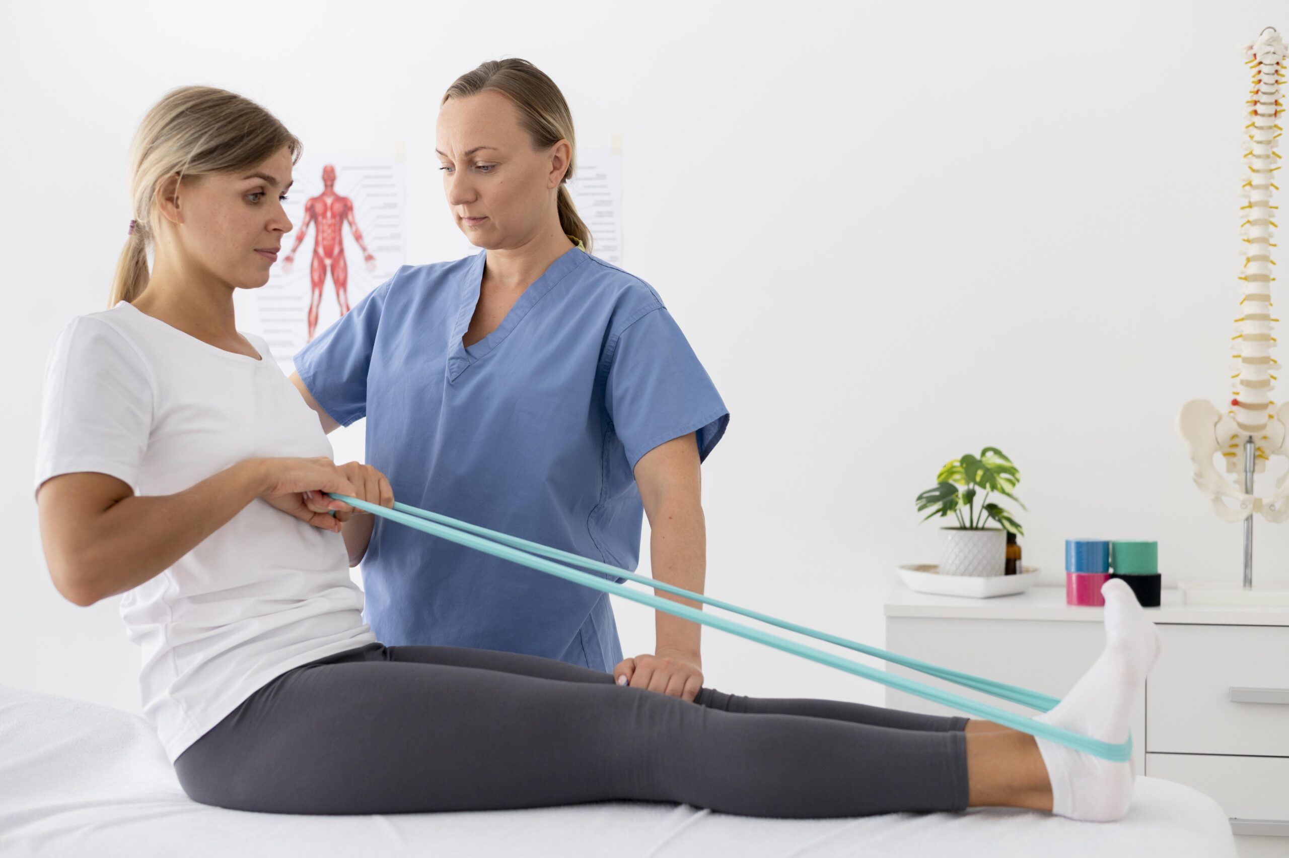 Mujer realizando ejercicios de rehabilitación con banda elástica, mientras una fisioterapeuta la asiste en una clínica de fisioterapia. En el fondo, se observa un modelo anatómico y materiales de terapia.